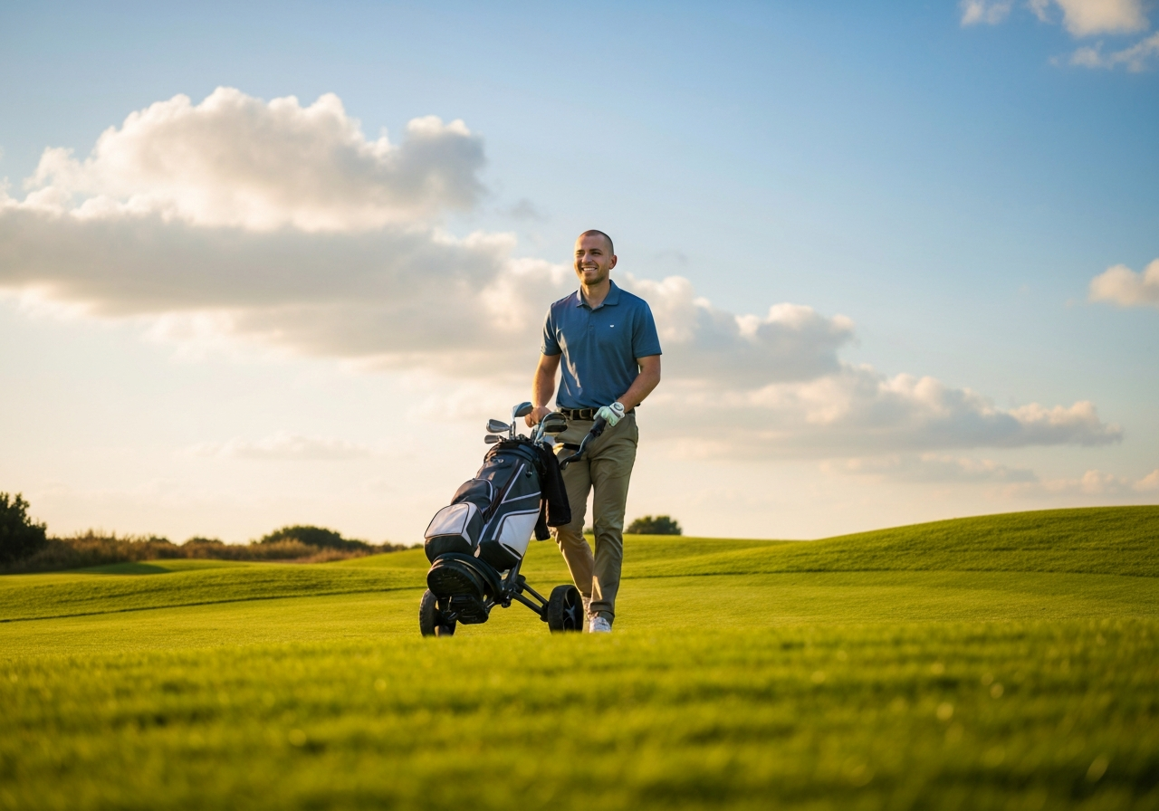 Golfer using Dunlop 4 wheel trolley on course