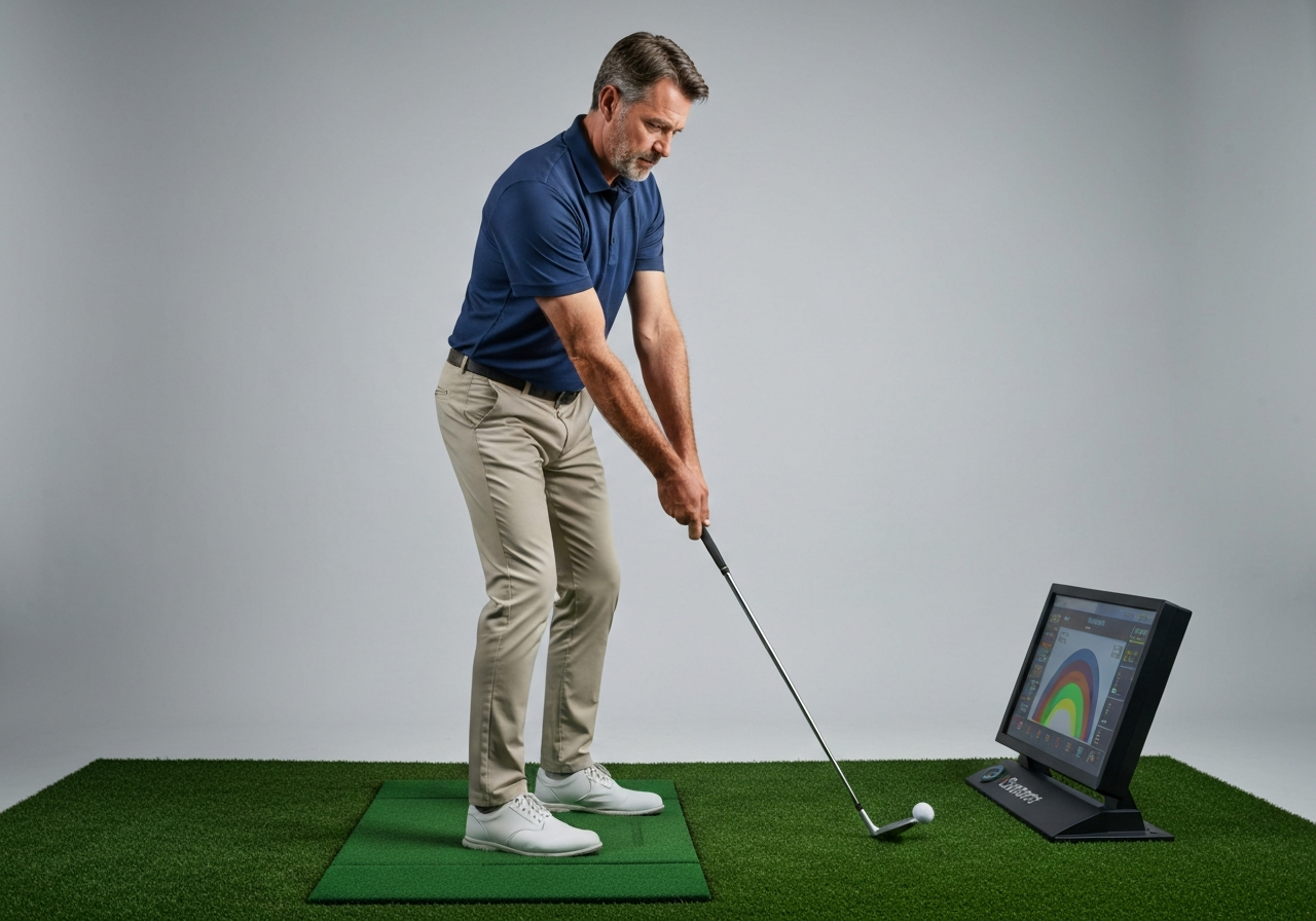 Golfer using launch monitor to test different wedge grinds on various lies