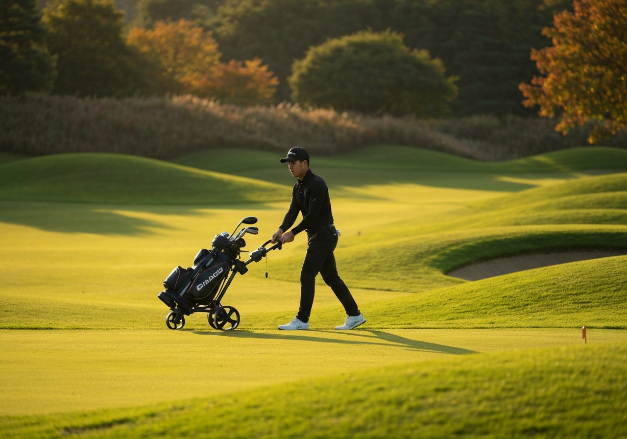Thomson Golf Buggy electric trolley navigating a hilly golf course