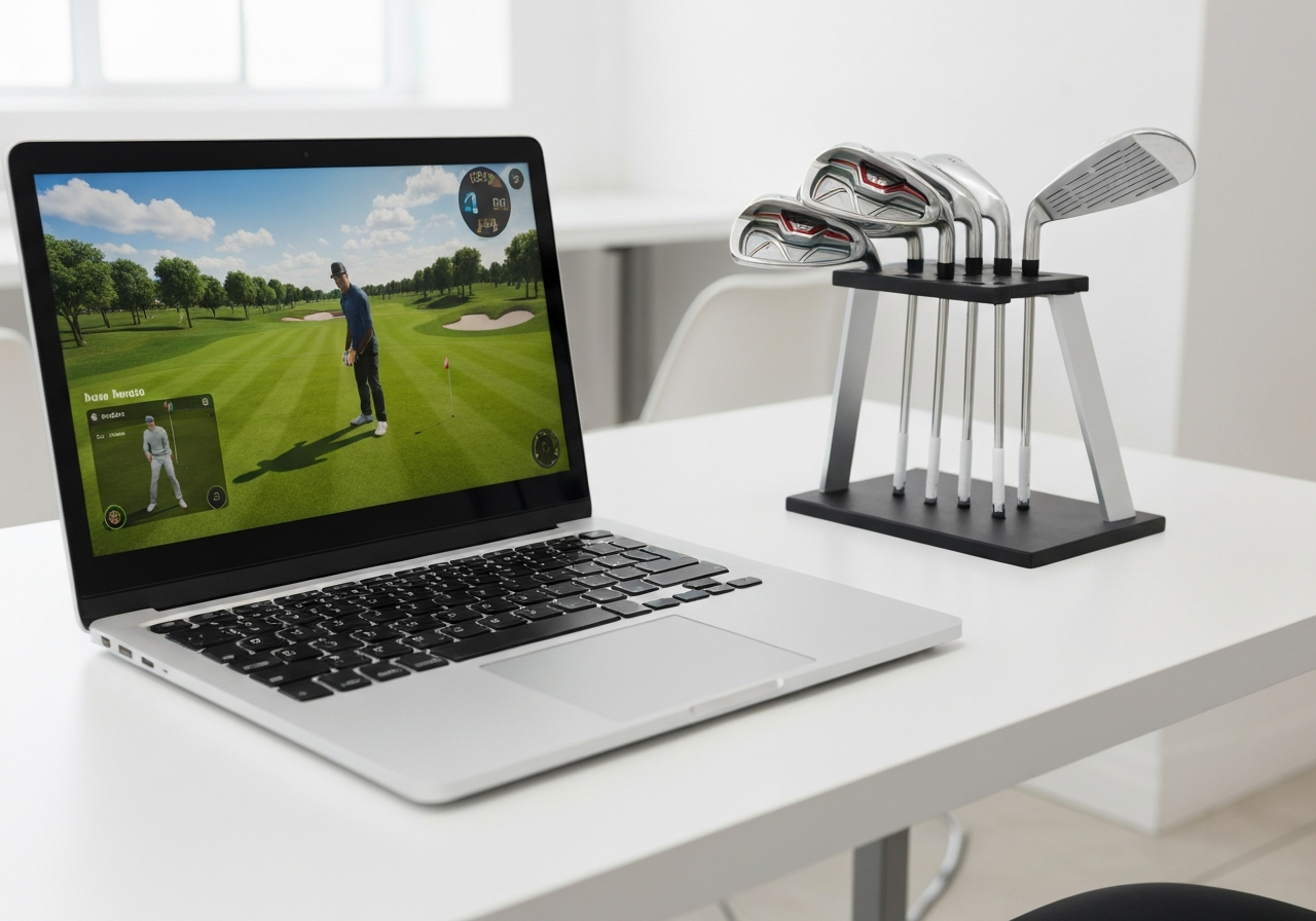 TaylorMade rep using laptop and clubs for hybrid sales