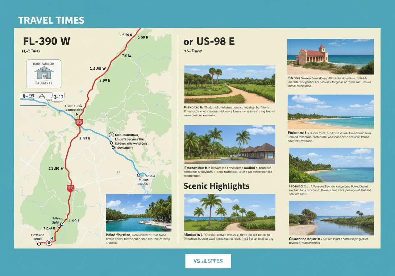 Sideâbyâside comparison of the direct and scenic routes from Callaway to Panama City Beach