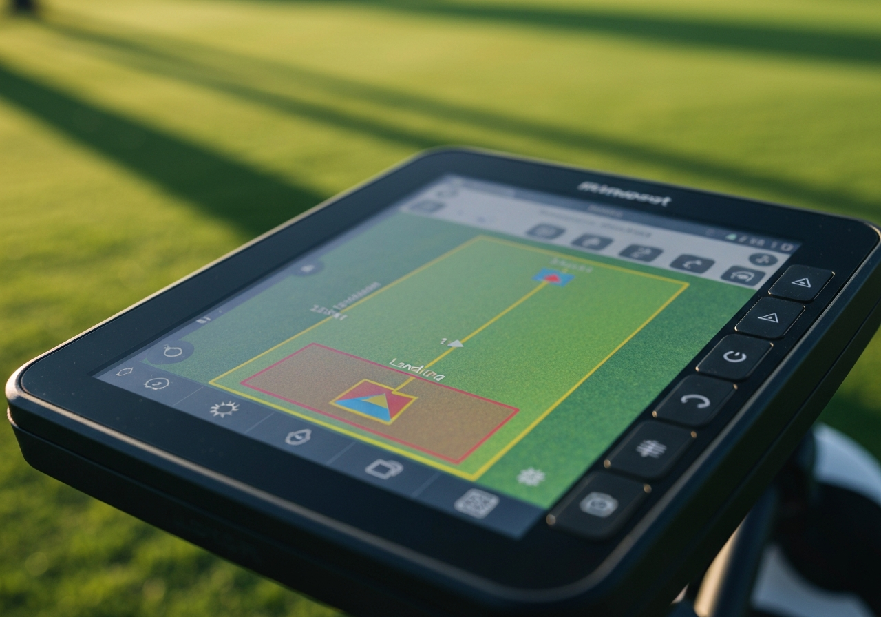 AR overlay on GPS golf trolley display showing course hazards and target zones