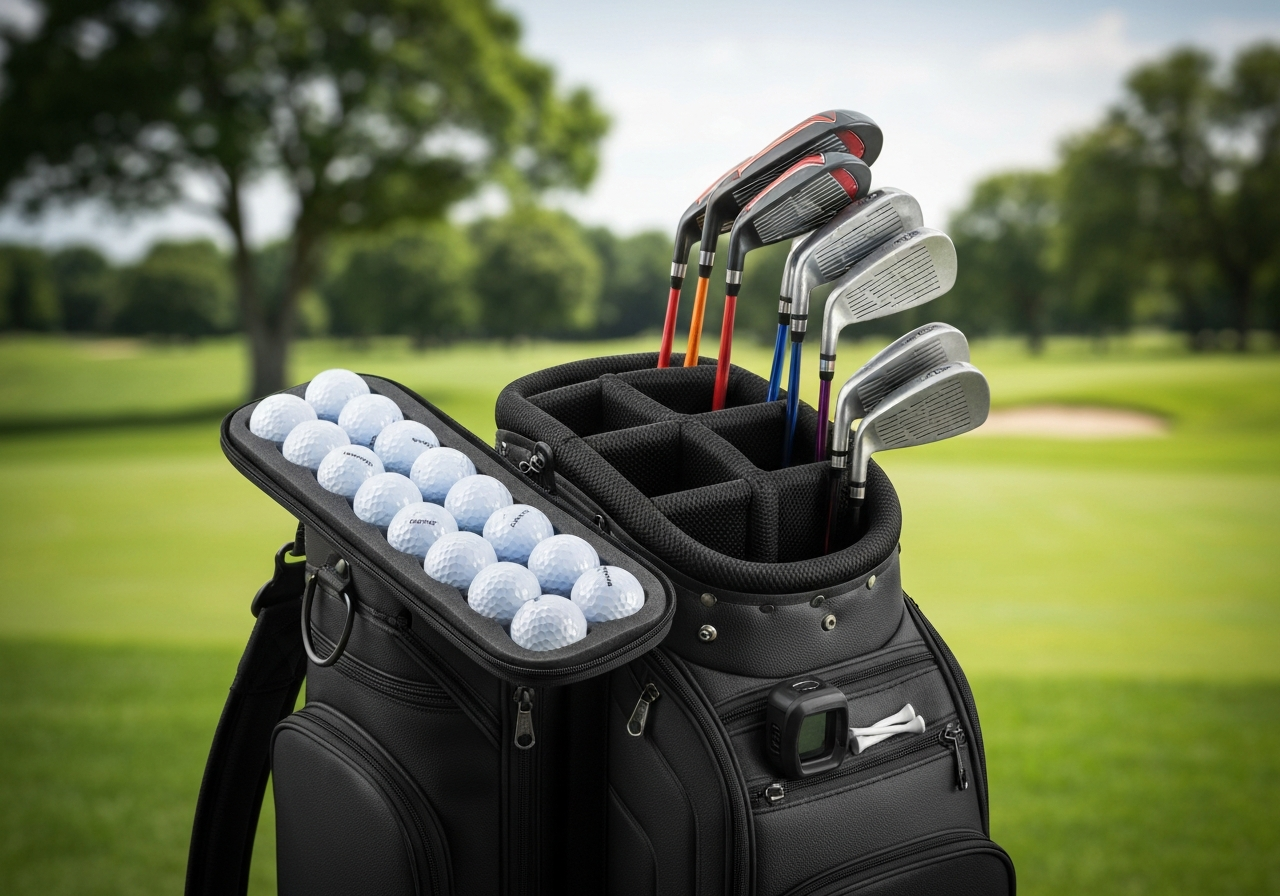 Inside compartments of Don Carter Bowling Bag organized for golf accessories