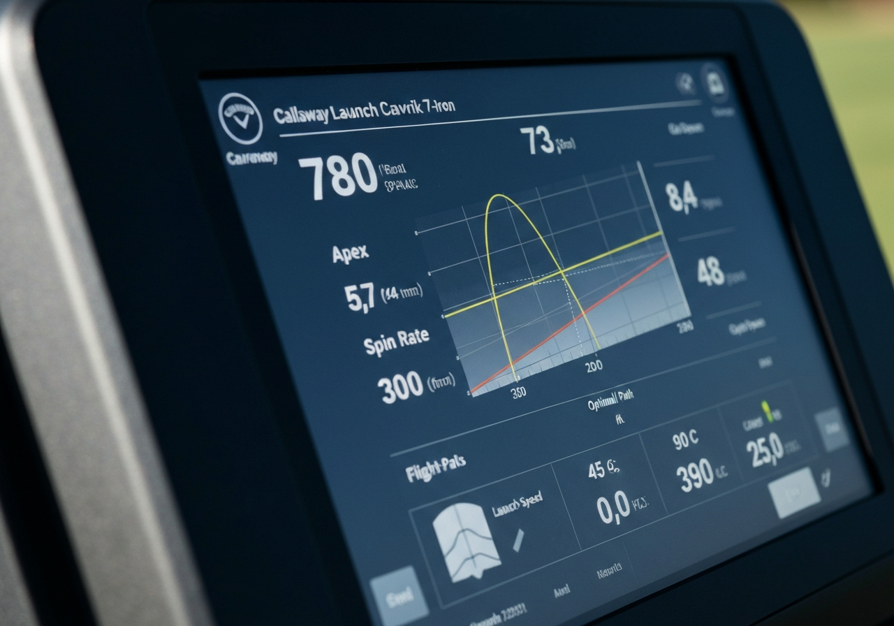 Launch monitor data for Callaway Mavrik 7âiron showing 150âyard carry and 4500 rpm spin
