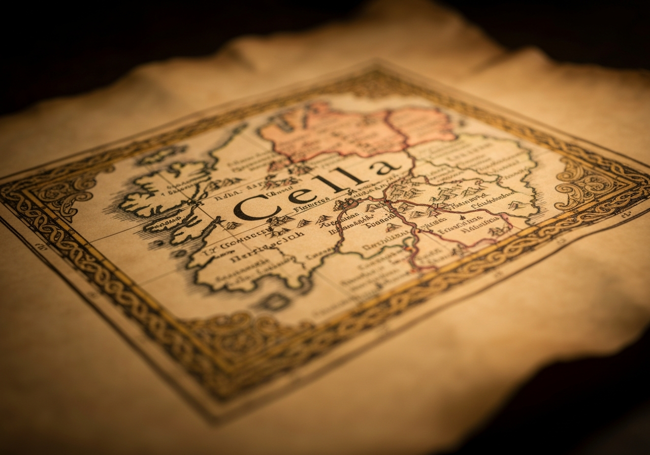Gaelic map of Ireland and Scotland highlighting church settlements