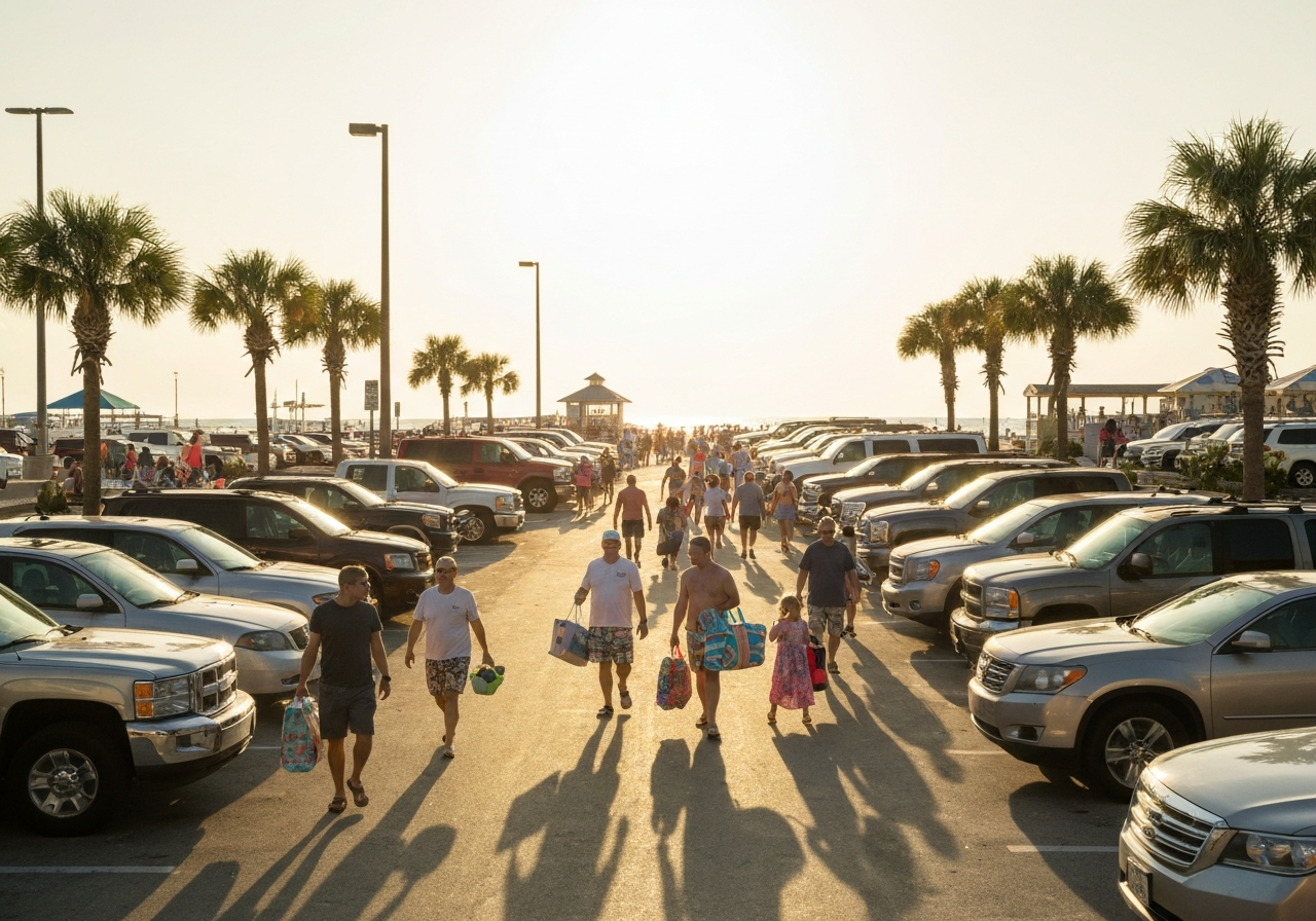 Parking lot filling up near Panama City Beach pier on a summer weekend
