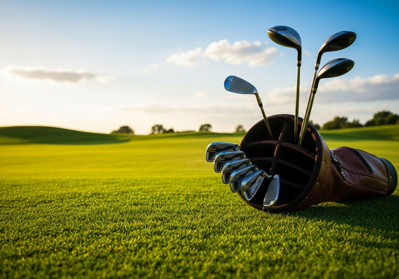 Beginner golf set with driver, irons, putter and bag on grass