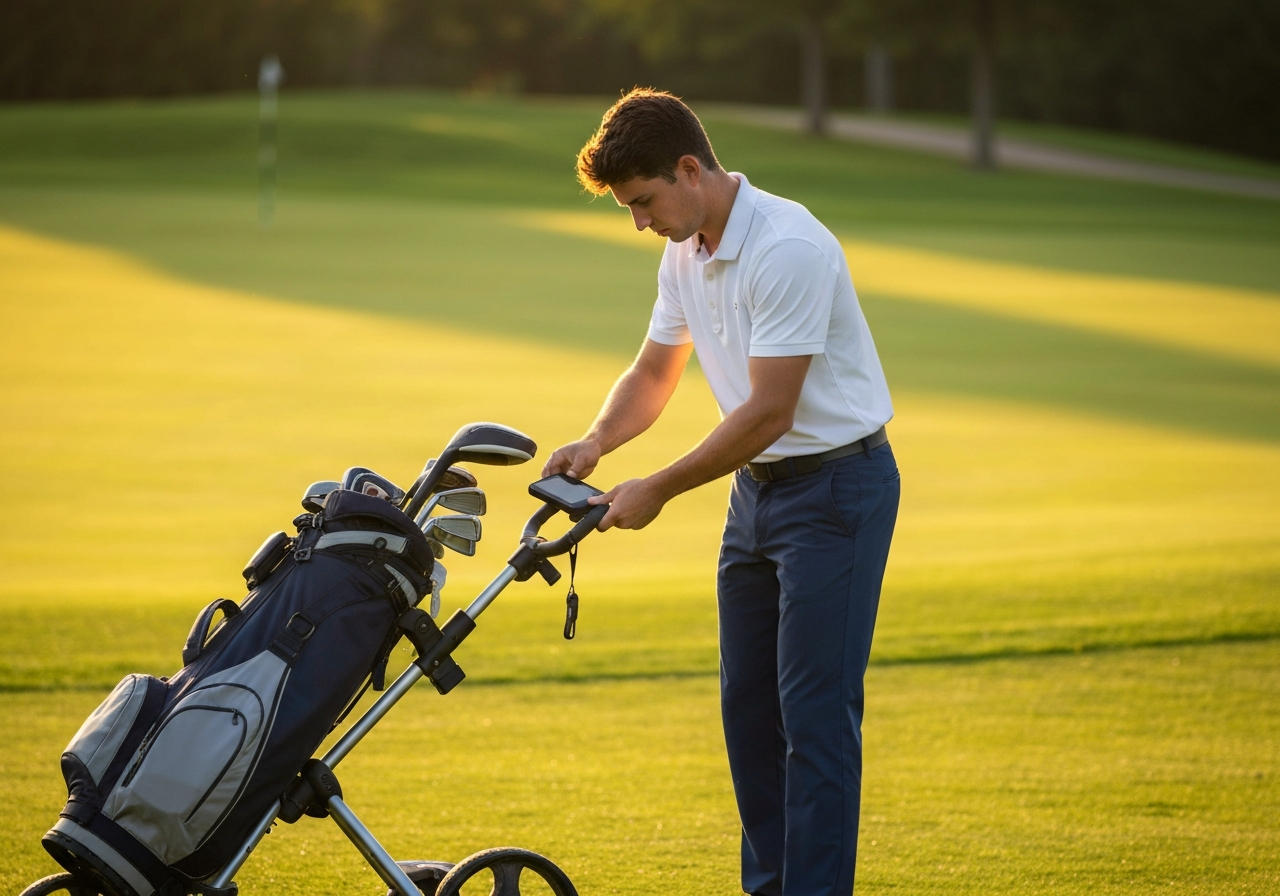 Electric Golf Trolley Spares Reviews: Essential Parts and Accessories (2026) 1 Golfer installing a GPS holder accessory on an electric golf trolley