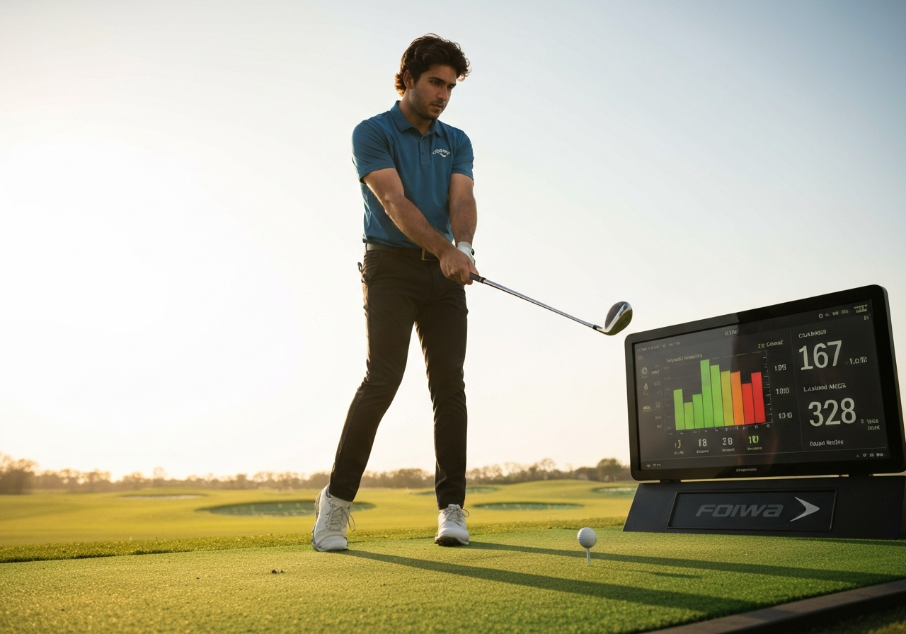 Golfer testing Callaway X Forged iron with launch monitor data display
