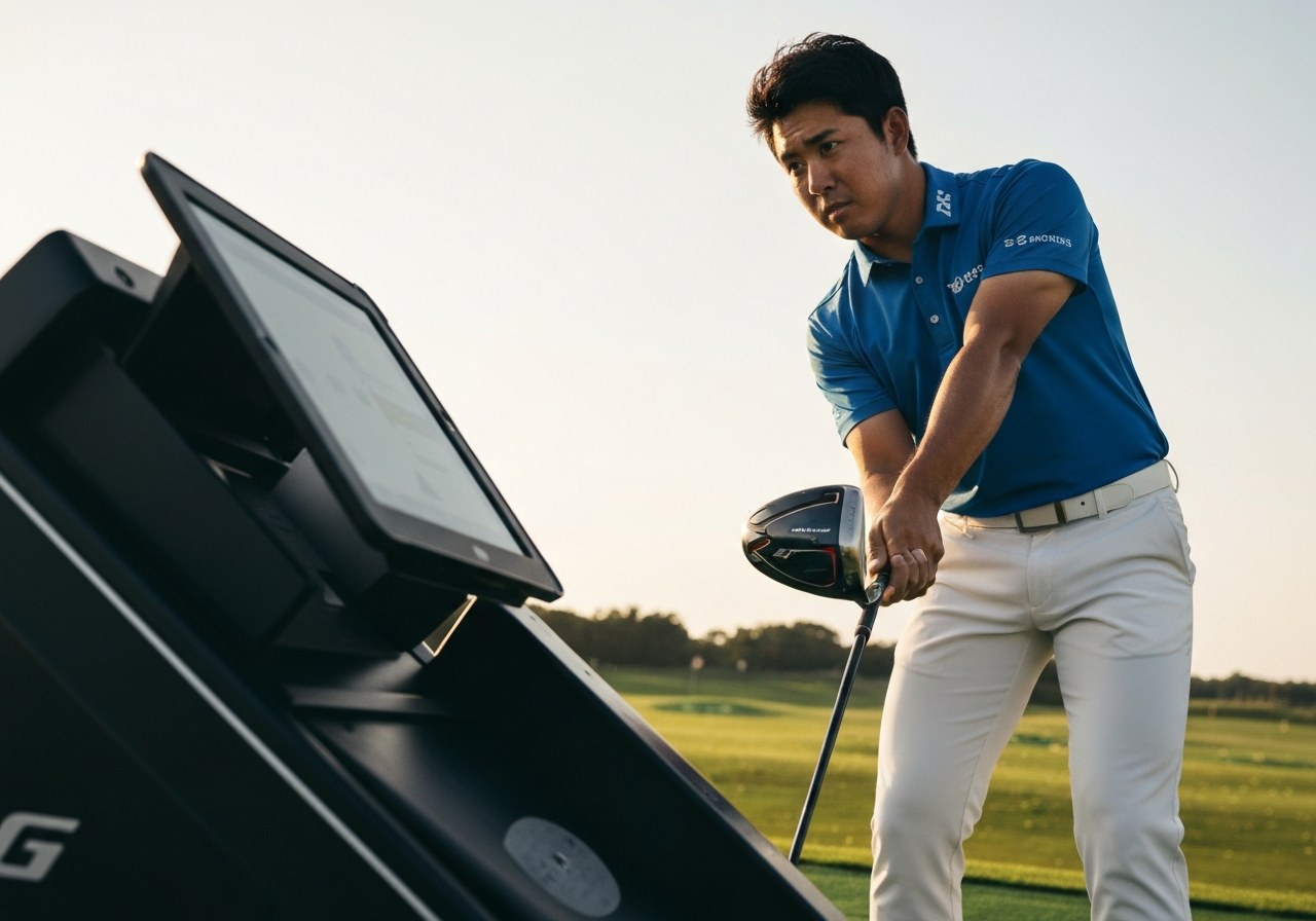 Golfer checking launch monitor data after adjusting loft on Callaway XR driver