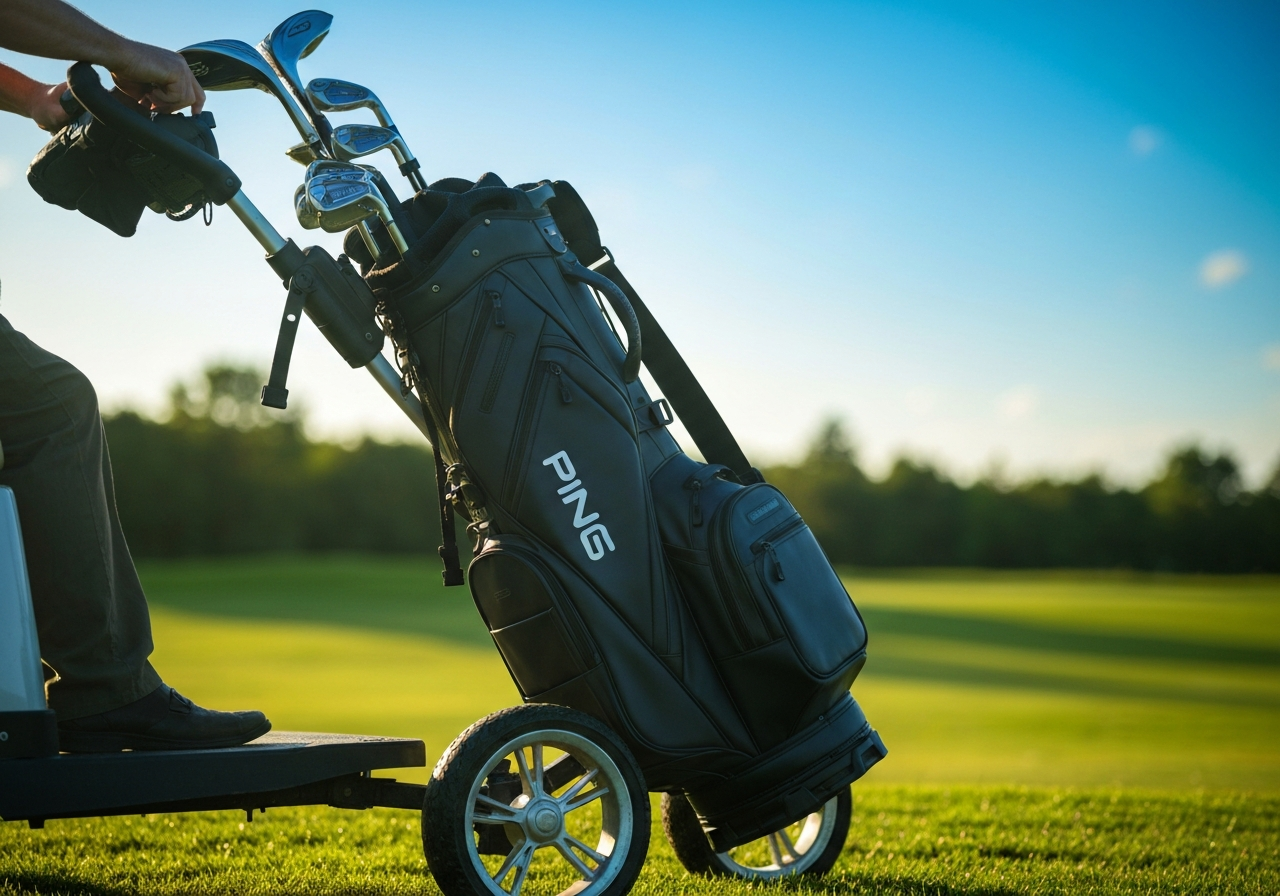 Ping DLX Cart Bag Review: Luxury Meets Functionality (2026) 2 Ping DLX Cart Bag on golf cart during play â stability test