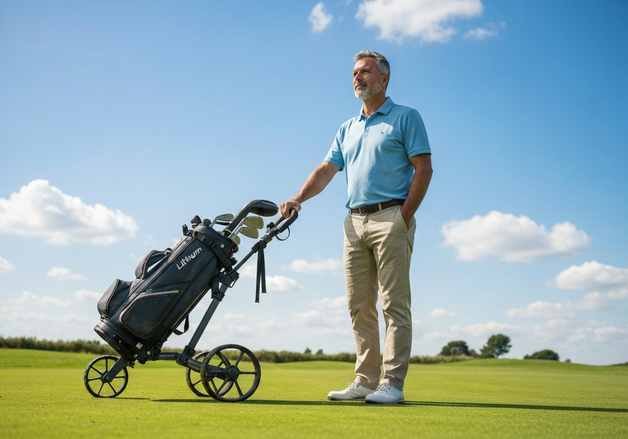Lithium Electric Golf Trolley Reviews: Uncovering the Best Models (2026) 2 Golfer reviewing a lithium electric golf trolley on the course