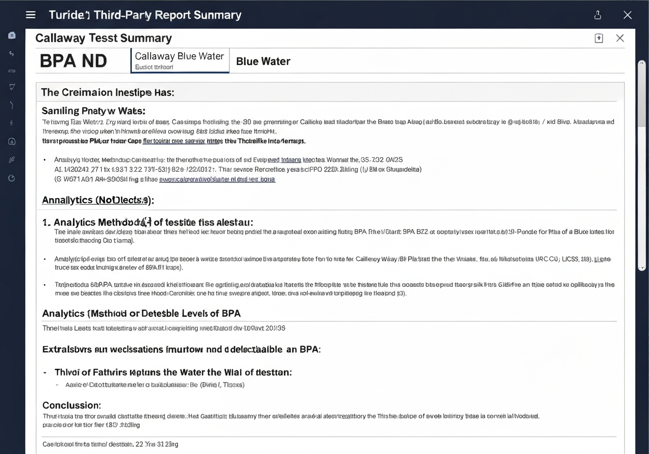 Third party lab report indicating BPA not detected in Callaway Blue Water