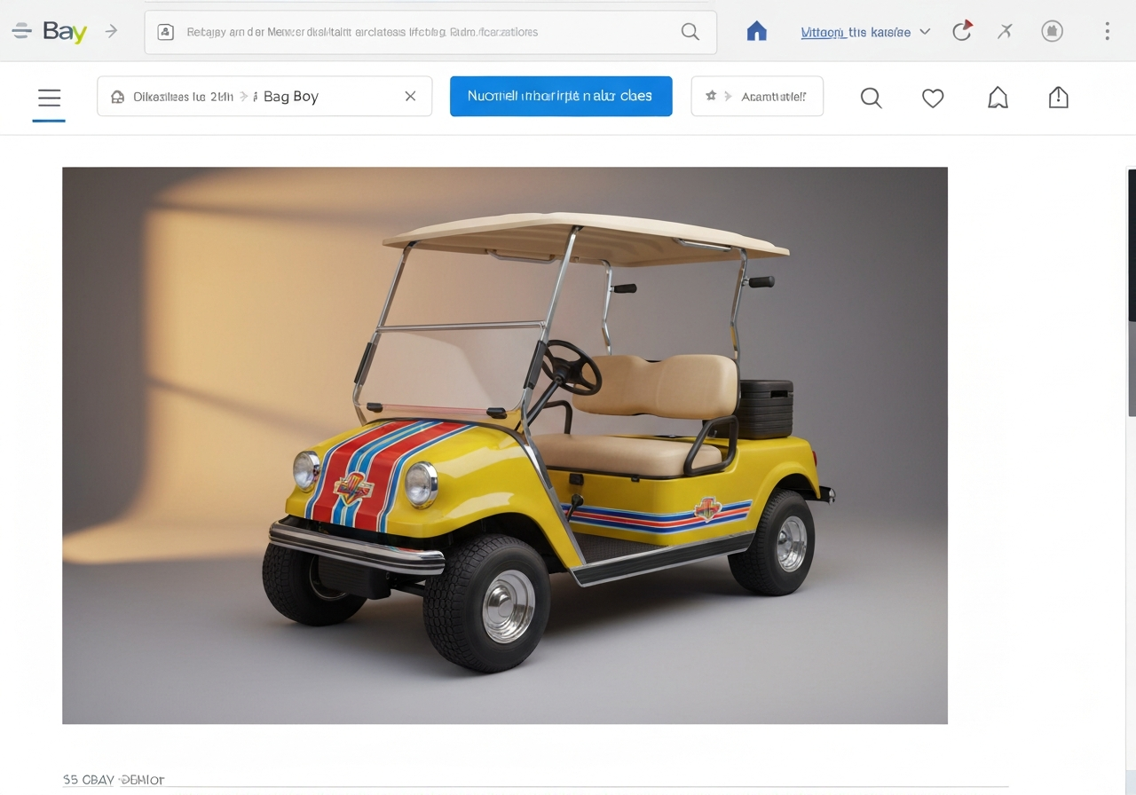 eBay auction page showing a 1970s Bag Boy golf cart with bidding details