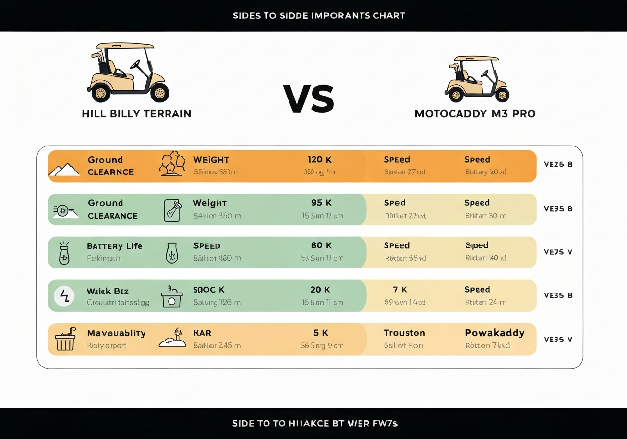 Comparison chart of Hill Billy Terrain, Motocaddy M3 Pro, and Powakaddy FW7s showing motor power, battery capacity, price, and IP rating