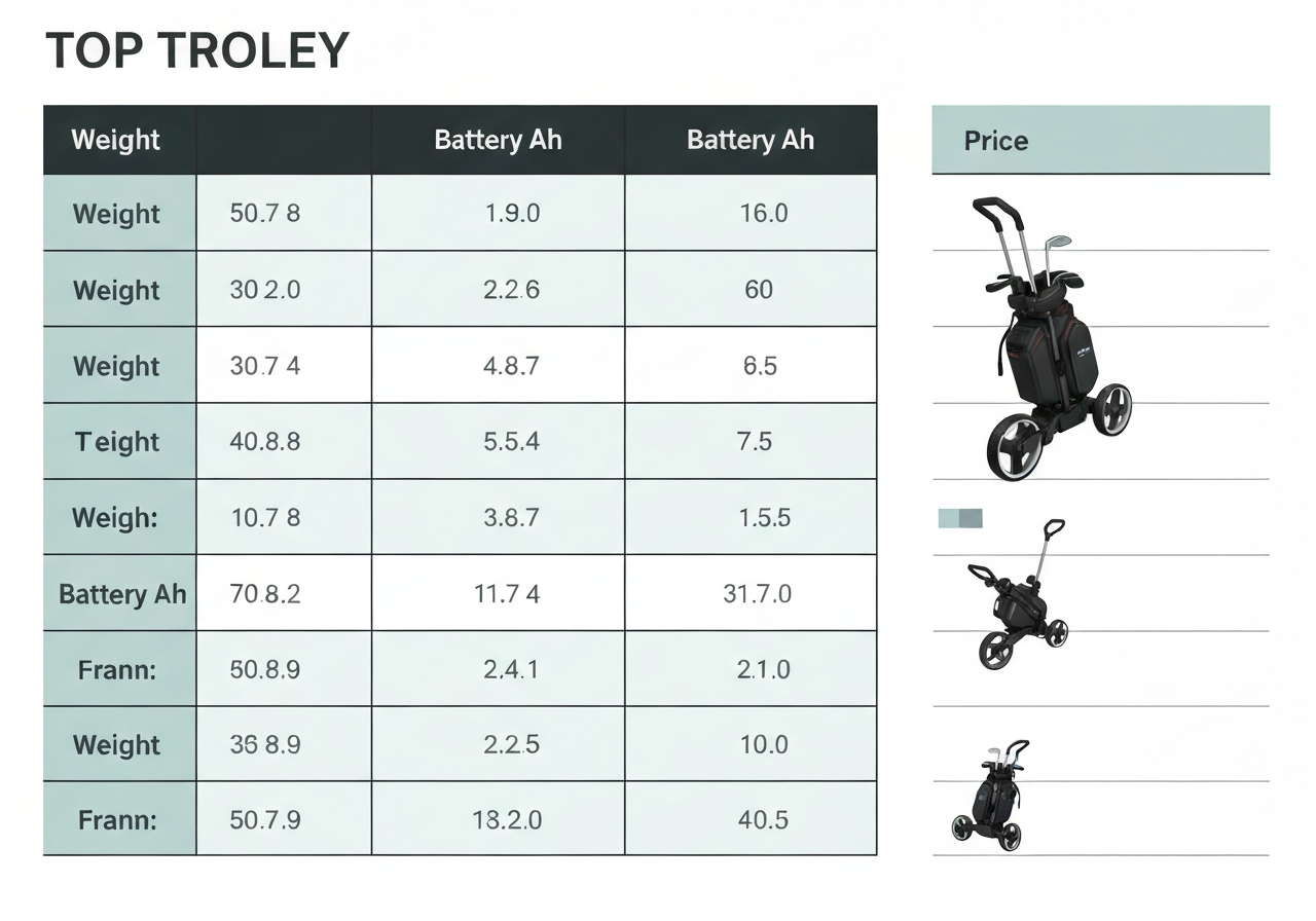 Comparison chart showing weight, battery capacity, and price of top electric golf trolleys 2026