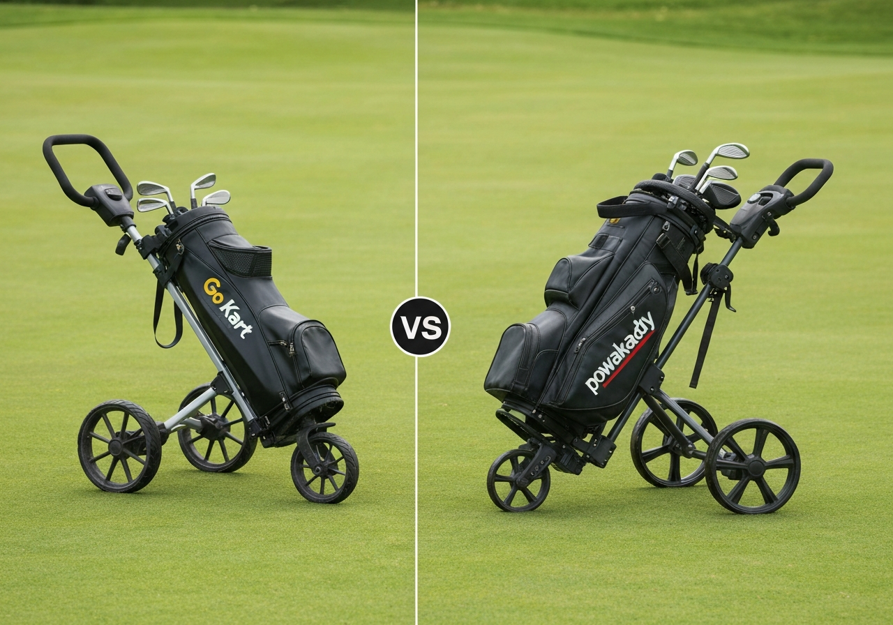Go Kart Automatic Golf Trolley Review: Effortless Transport (2026) 2 Go Kart Automatic Golf Trolley vs Powakaddy FW7s side by side