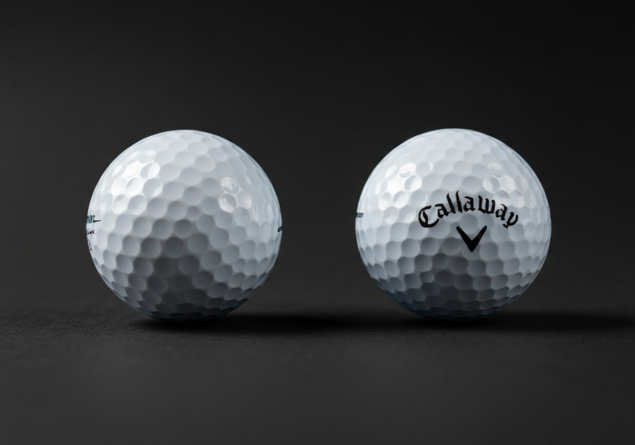 Kirkland Signature golf ball next to Callaway Chrome Soft golf ball for visual comparison
