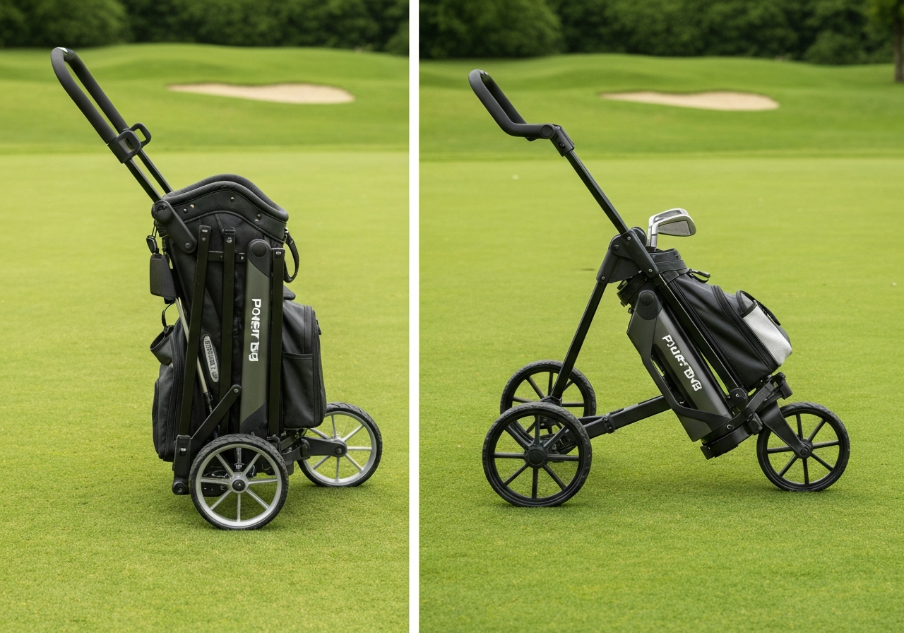 Power Bug electric golf trolley folded vs unfolded storage comparison