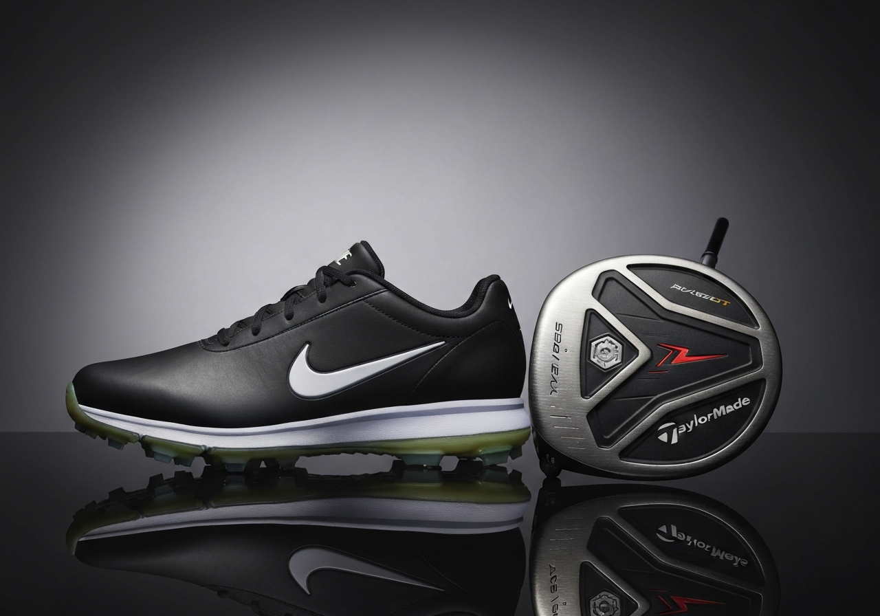 Nike golf shoe next to Taylormade driver illustrating possible collaboration