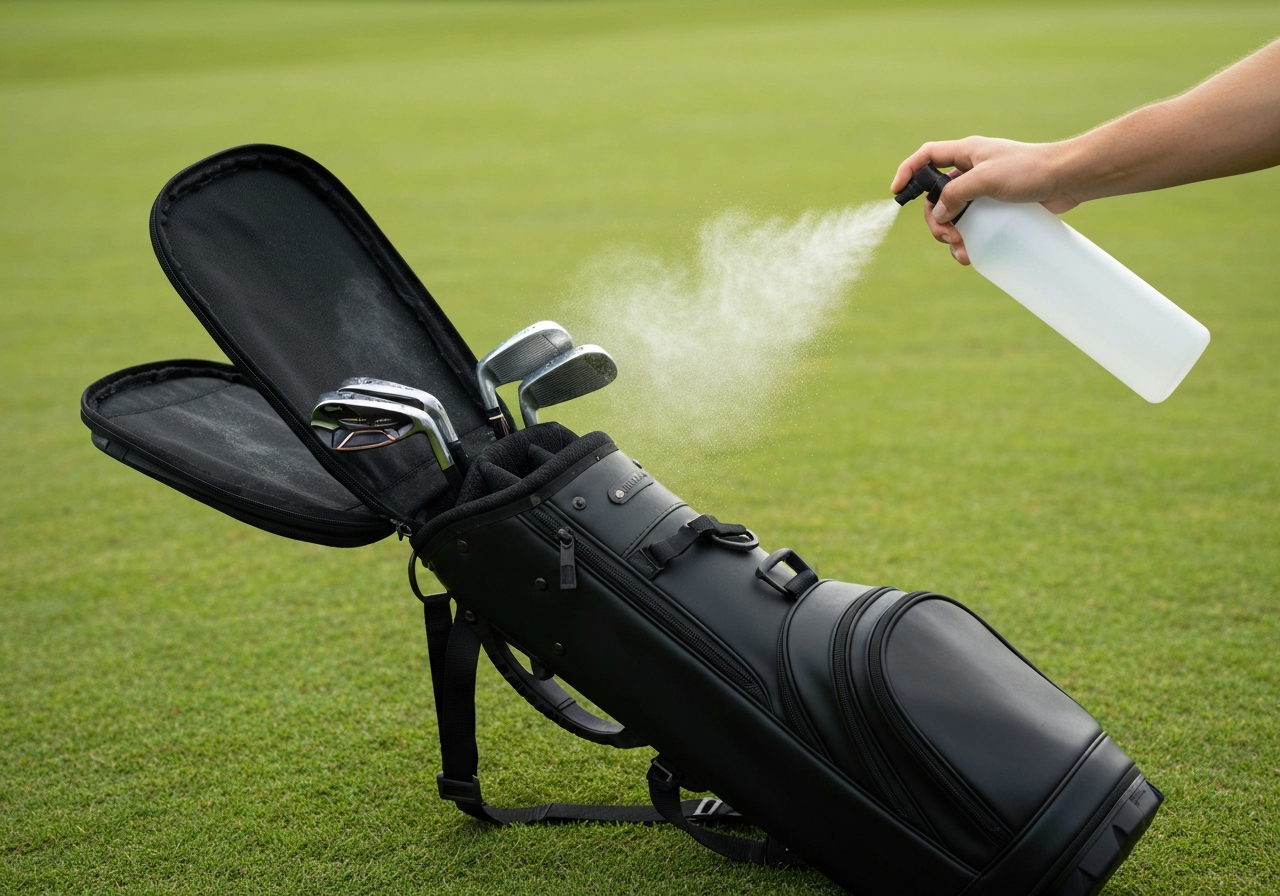 Applying durable water repellent spray to a golf cart bag