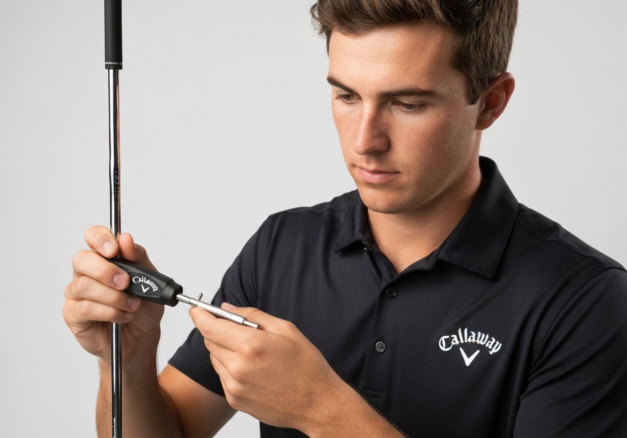 Closeâup of a shaft gauge measuring the tip diameter of a Callaway golf shaft