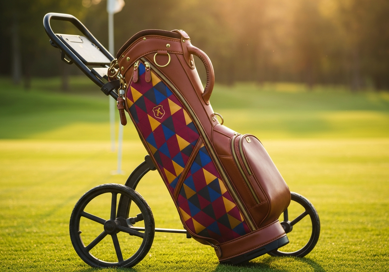 Fashionable golf bag with vibrant colors and leather trim on a riding cart
