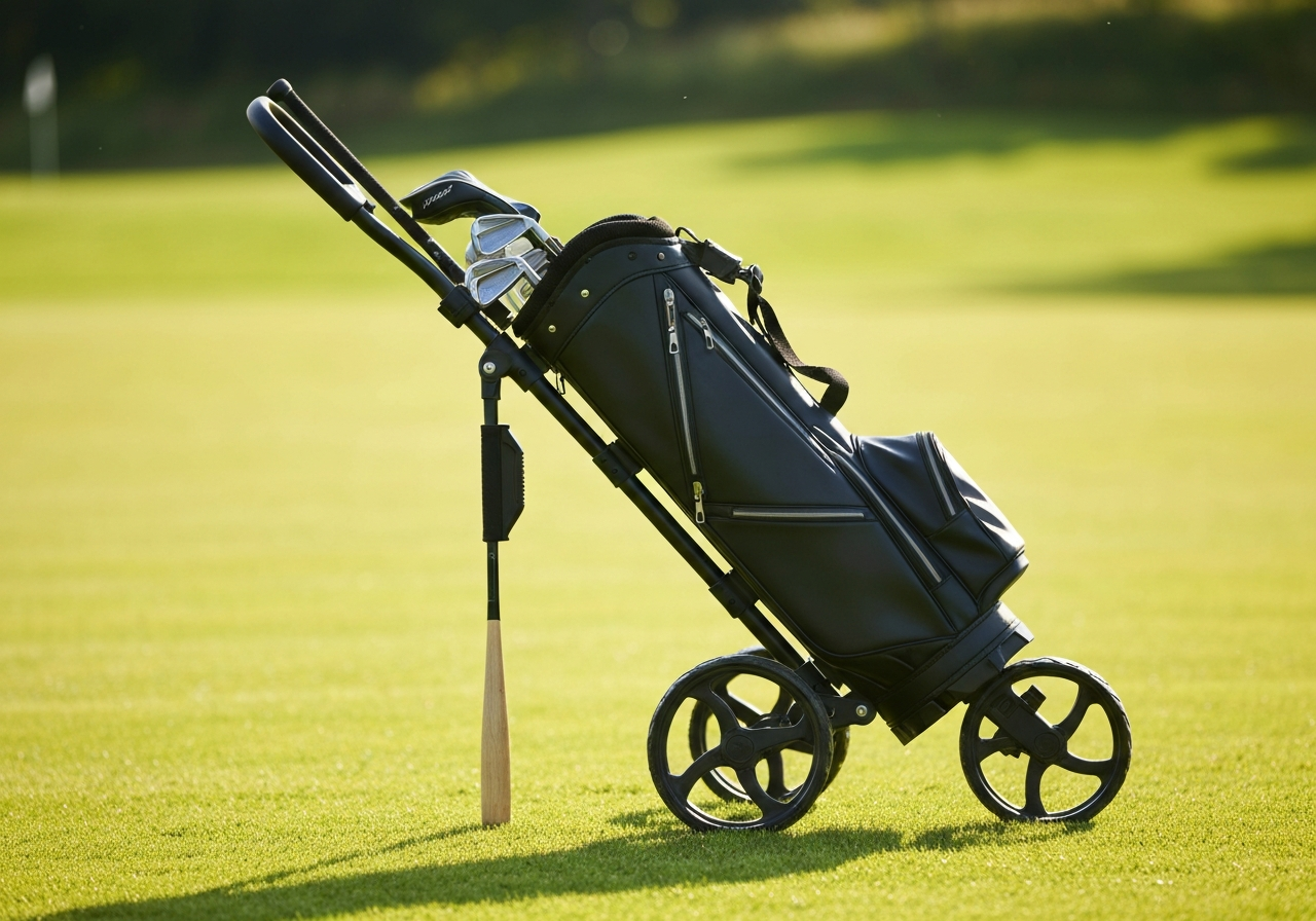 Dunlop One Click trolley carrying a golf bag on the course