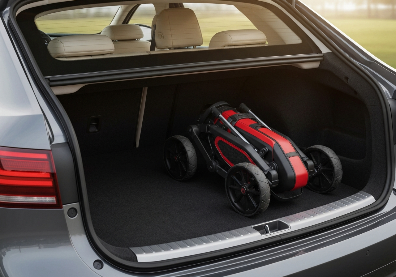 Titleist 2000 Golf Trolley Review: Performance and Value (2026) 2 Titleist 2000 golf trolley folded inside a car trunk