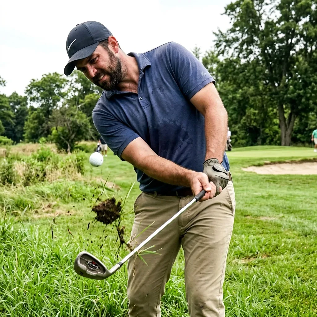 A focused golfer hitting a high approach shot out of the rough with a pitching wedge, dirt flying up.