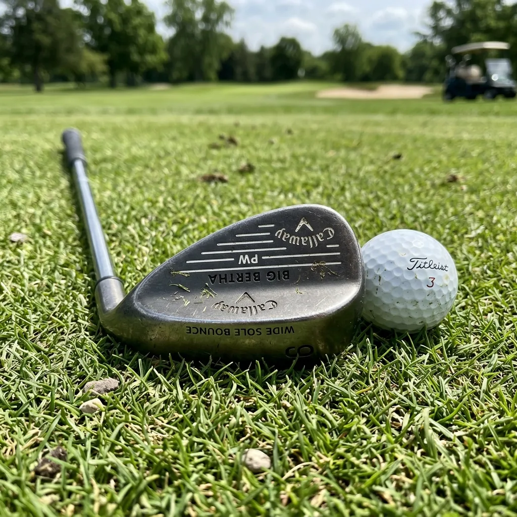 The sole of a Callaway Big Bertha wedge showing the wide bounce, resting in the short grass next to a golf ball.