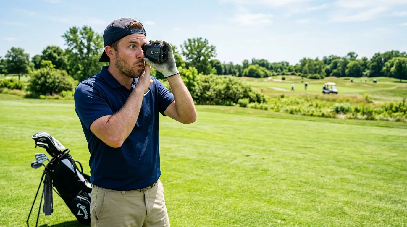 Golfer measuring the exact distance to the hole with a high end rangefinder on the golf course.