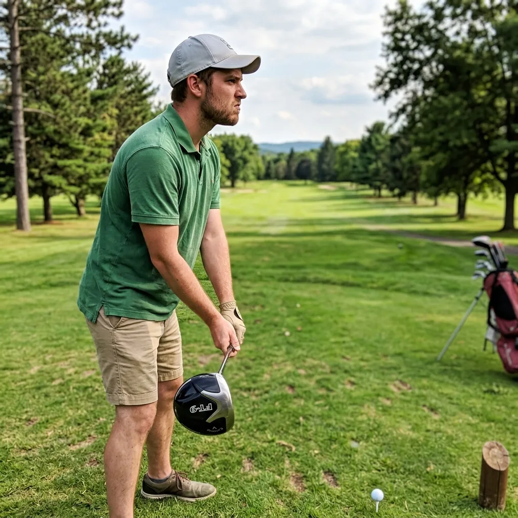 A passionate golfer standing on a tee box holding a classic Callaway driver, looking intensely down the fairway.
