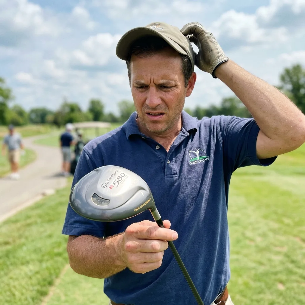 A golfer looking confused or surprised while holding an older TaylorMade driver, as if questioning its legality on the course.
