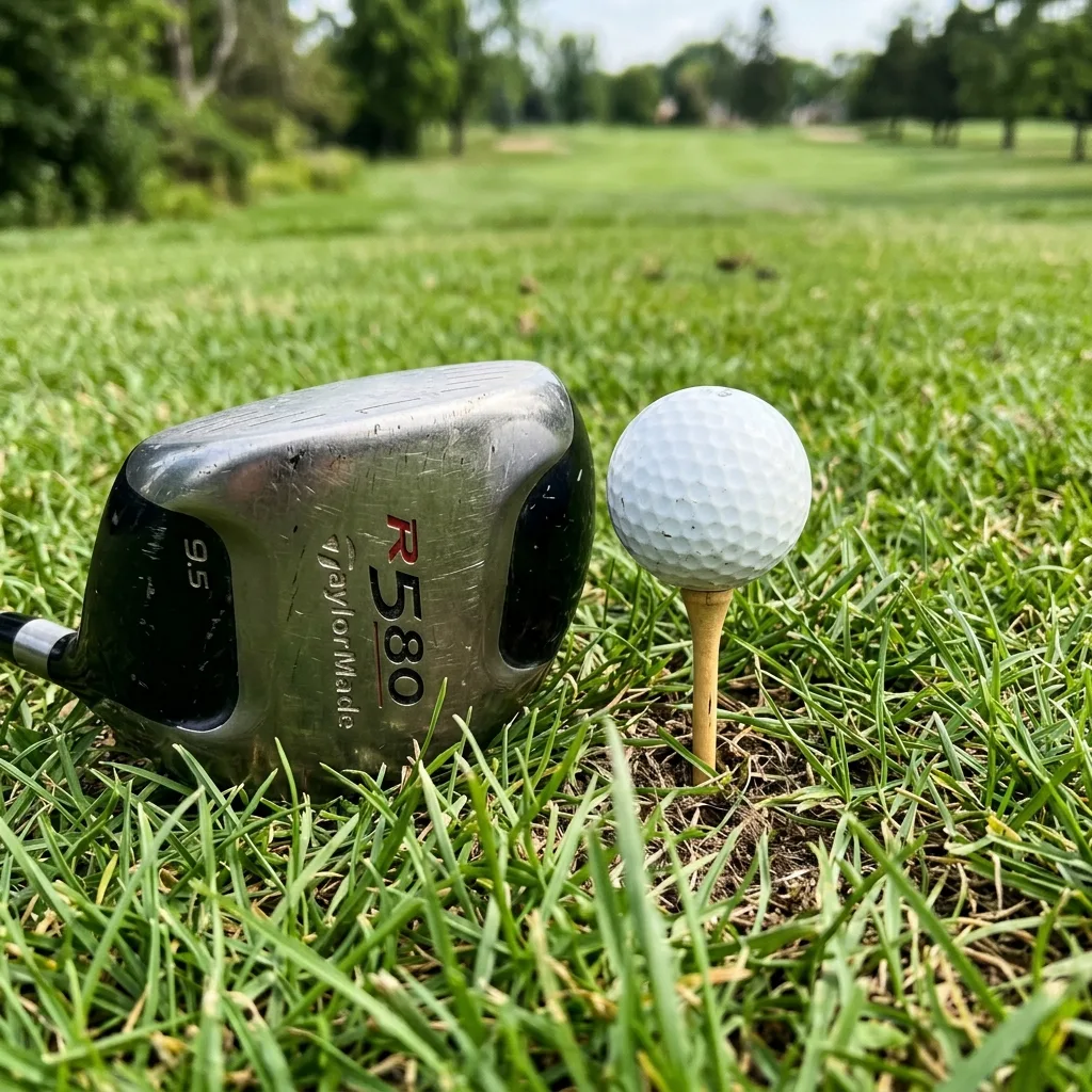 An older TaylorMade R580 driver head resting next to a white golf ball on a wooden tee, shot from a low angle.