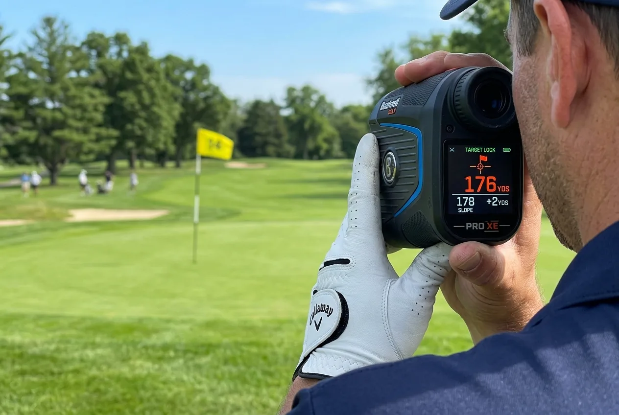 A detailed view of the display of a modern golf rangefinder with active slope compensation and pin lock functions.