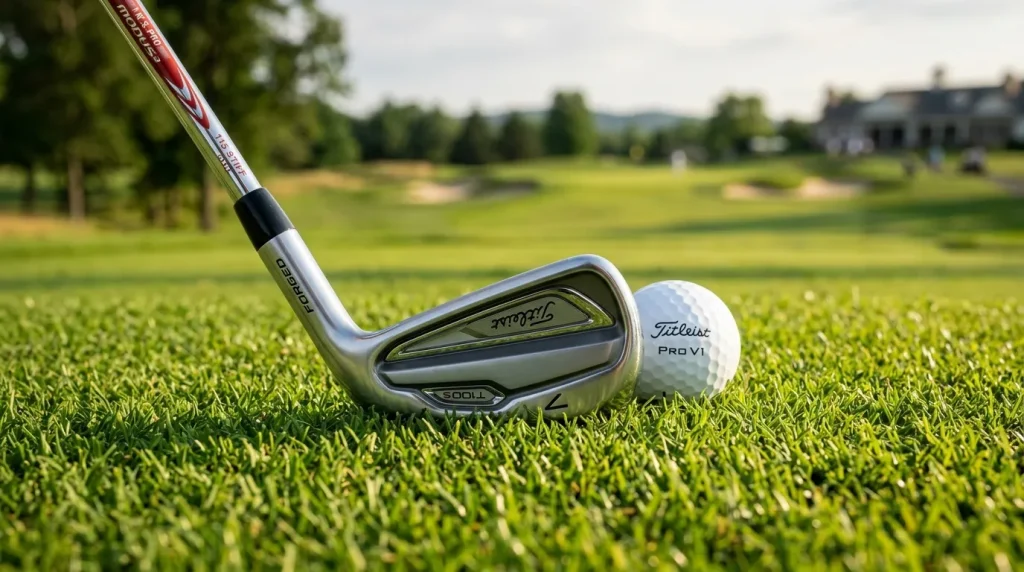 Detail na moderní golfové železo připravené k odpalu