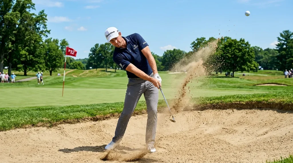 Golfer hitting out of a bunker, demonstrating the best wedge bounce for average golfer