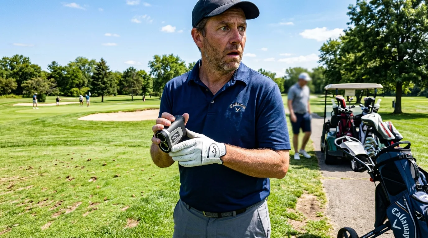 Detailní pohled na Calaway range finder s Magnahold technologií na golfovém hřišti