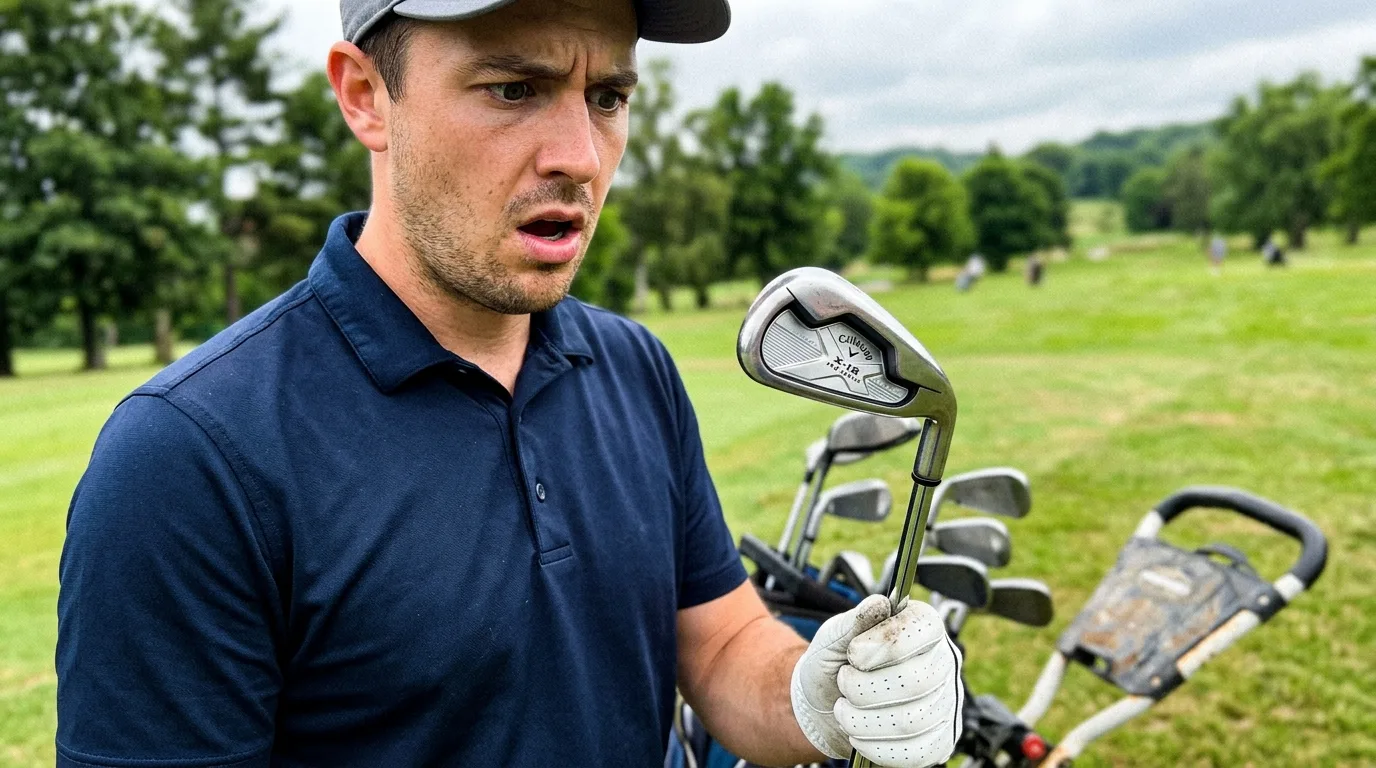 Železa Callaway X-18 Pro Series připravená na golfovém hřišti s redukovaným offsetem