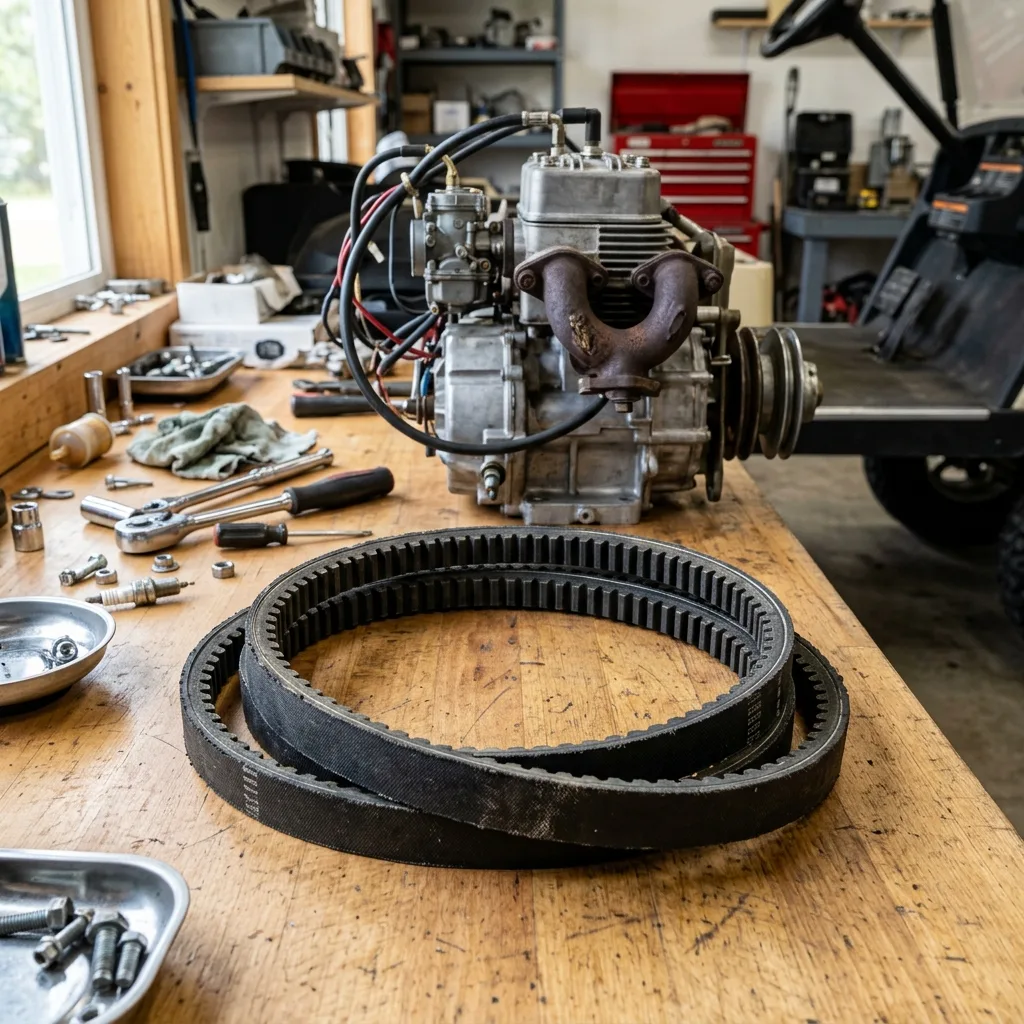 Step by step installation of a new drive belt on a Club Car golf cart clutch (AI Generated Image)
