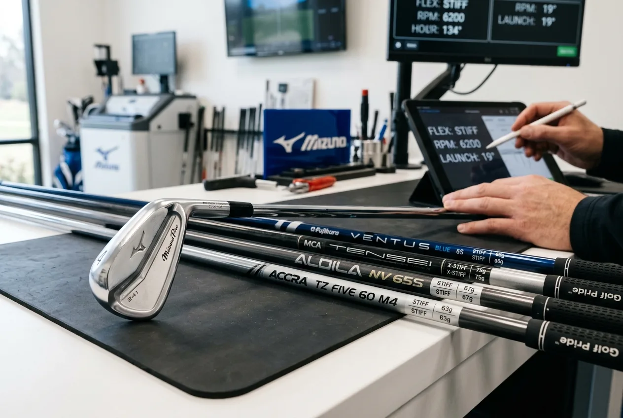 Close up of a forged clubhead and shaft flex options during a custom fitting session.