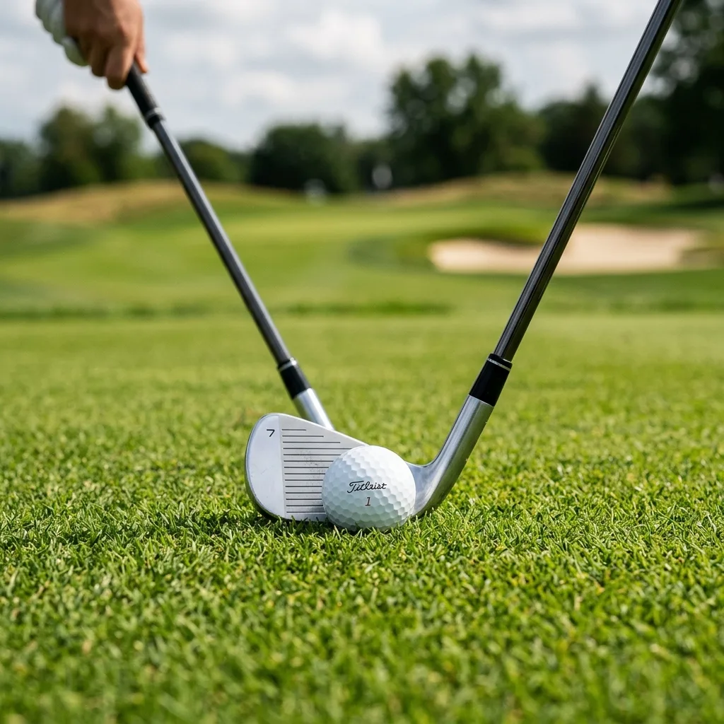 Golf Ball Placement For Irons 2 Graphic representation of ball position for short, medium and long irons and the effect on the angle of impact - detail (AI Generated Image)