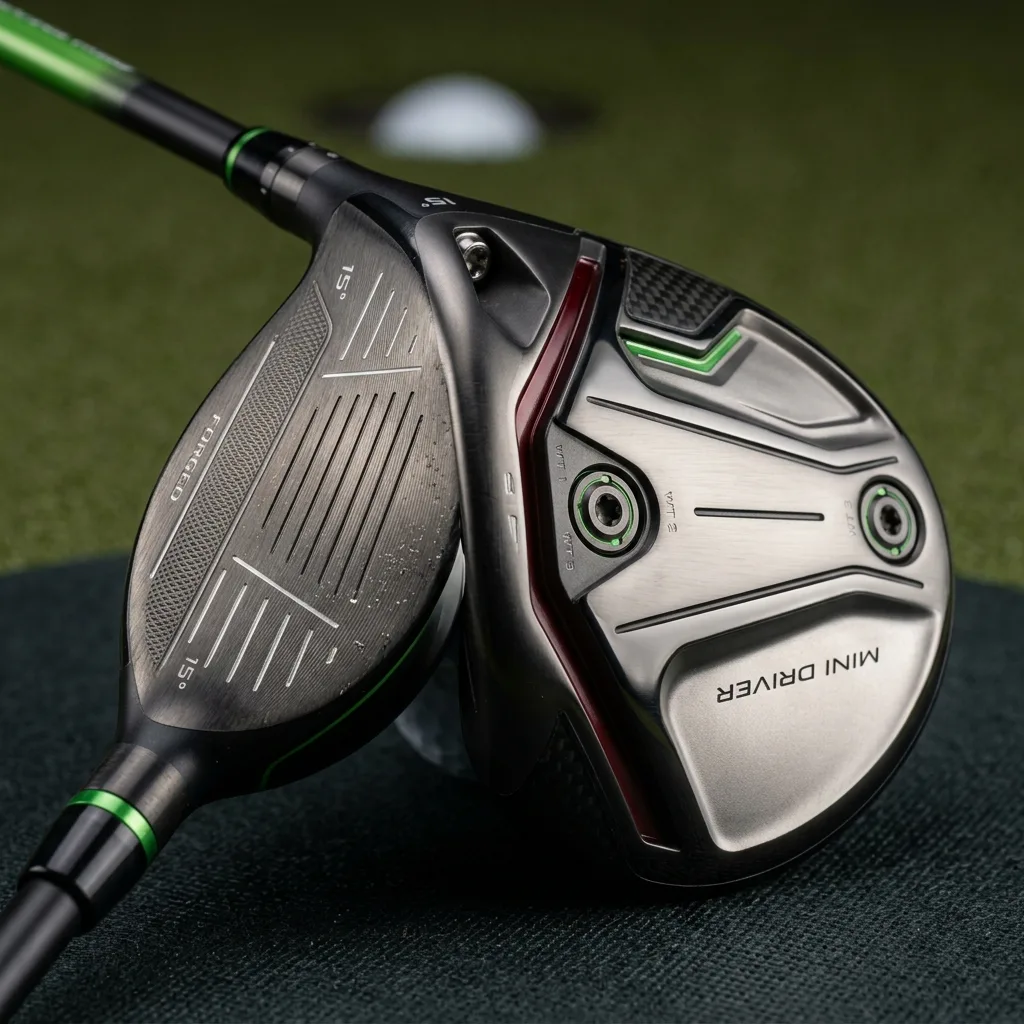 Detail of the mini golf driver head as it is positioned behind the ball (AI Generated Image)