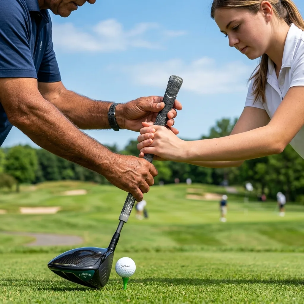 Detailní pohled na správné držení golfového driveru pro začátečníky s vyznačeným V-tvarem na rukou.