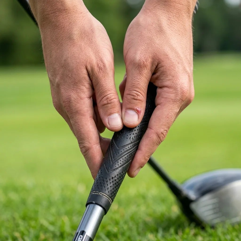 Ukázka tří hlavních typů golfových úchopů zblízka - interlocking, overlapping a baseball grip pro začátečníky.