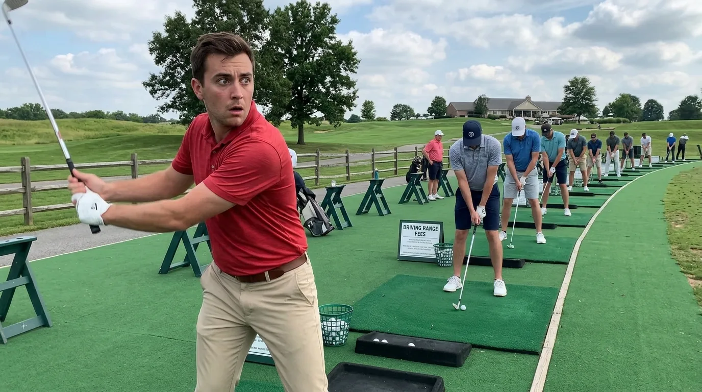 Golfer performing a dynamic pre-round golf warm up on the driving range