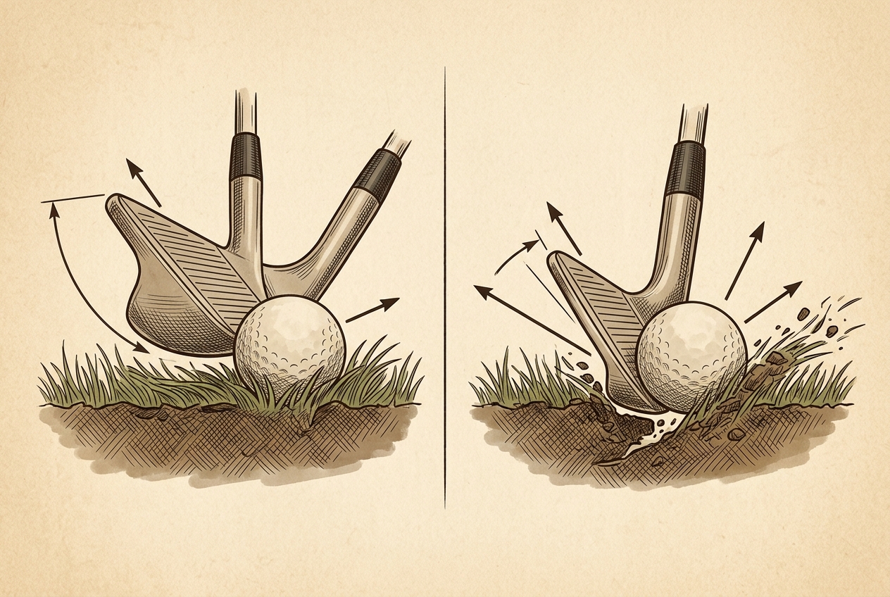 What Is Bounce On A Golf Wedge: Stop Chunking Your Shots 2 Diagram illustrating the difference between high bounce and low bounce golf wedges at impact (AI Generated Image)
