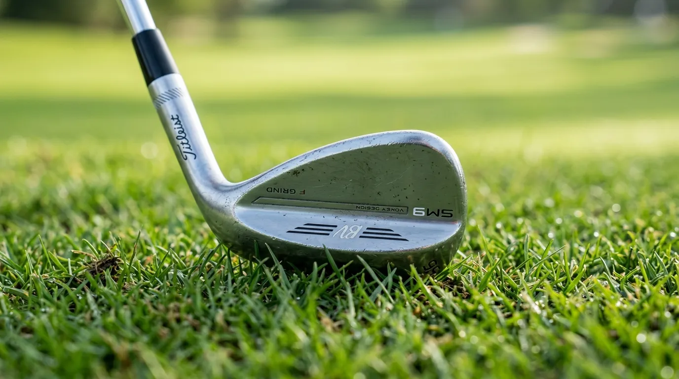 Close-up of a golf club wedge showing the sole, leading edge, and bounce angle (AI Generated Image)
