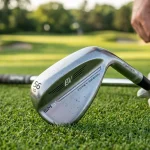 A close-up of a golf wedge showing the bounce angle and leading edge